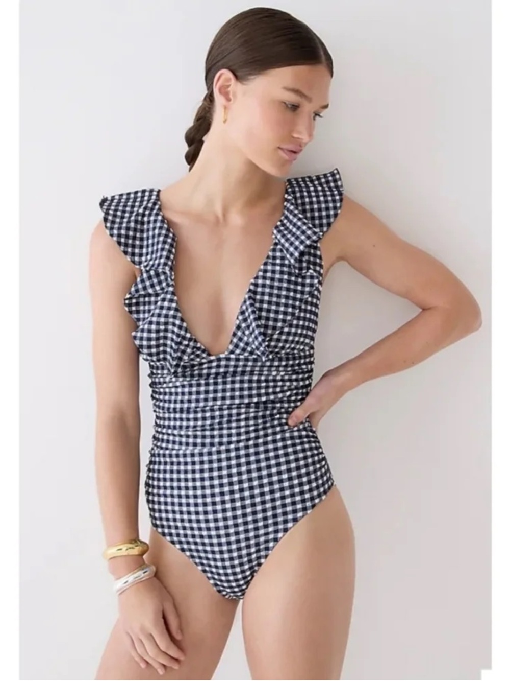J. Crew Ruched Black & White Gingham Ruffle One-Piece